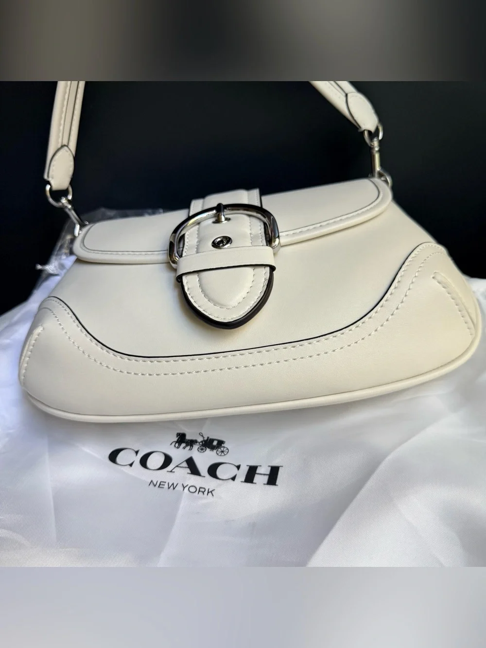 NWOT Coach Soho Flap Bag in Regenerative Leather Chalk White CR699 Silver